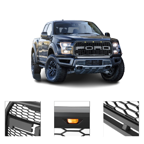2015 - 2017 Ford F150 Grille Raptor Style Mesh Matte Black W/ LED Lights & Letters